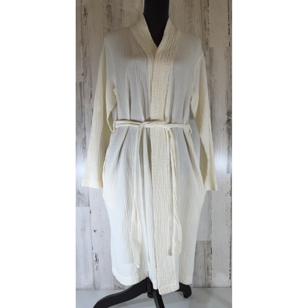 Berkshire Robe Size M Cream 100% Organic Cotton Gauze Belted Spa Loungewear READ